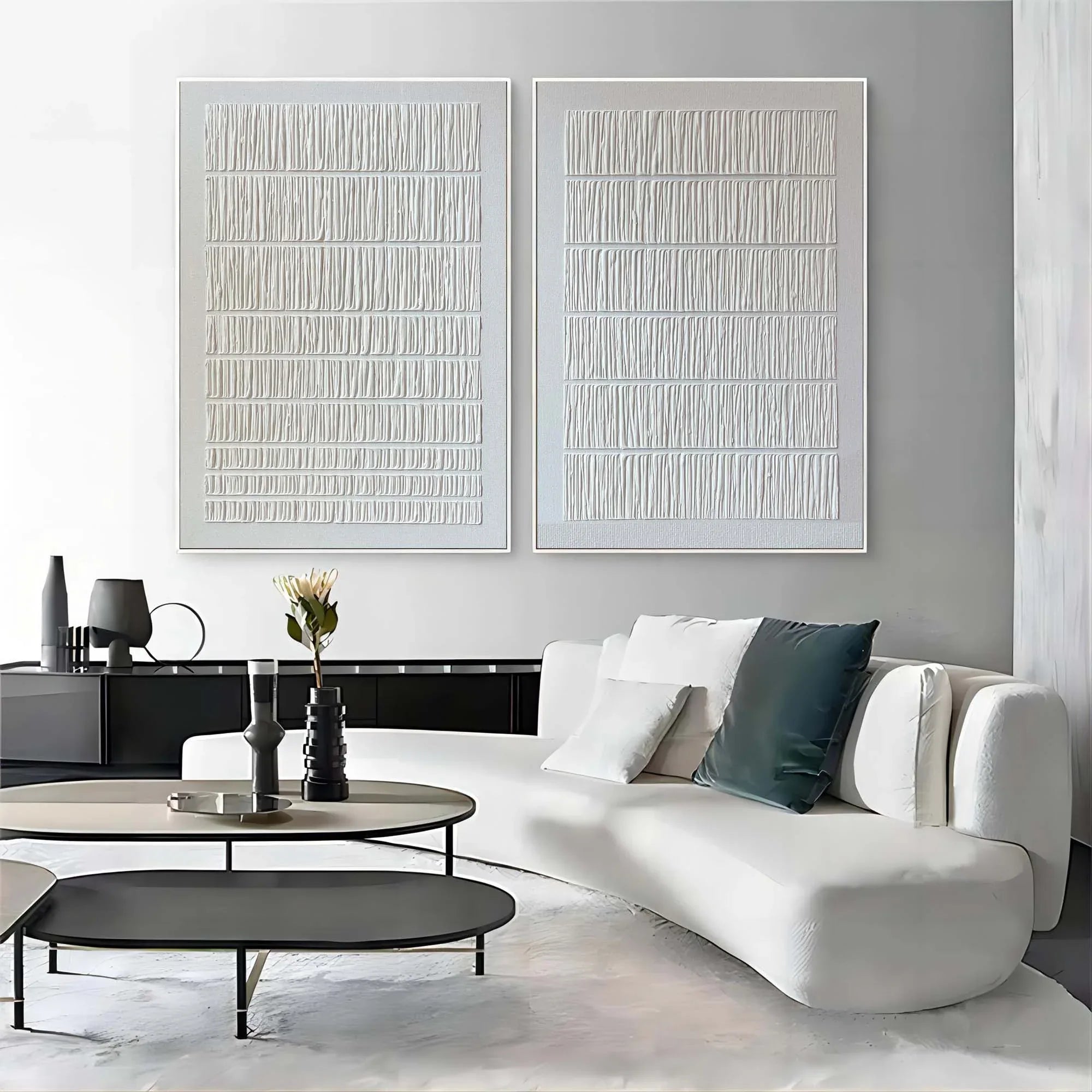 Linear Harmony Diptych Art Set Of 2-Pure White Minimalist Striped Abstract Wall Art