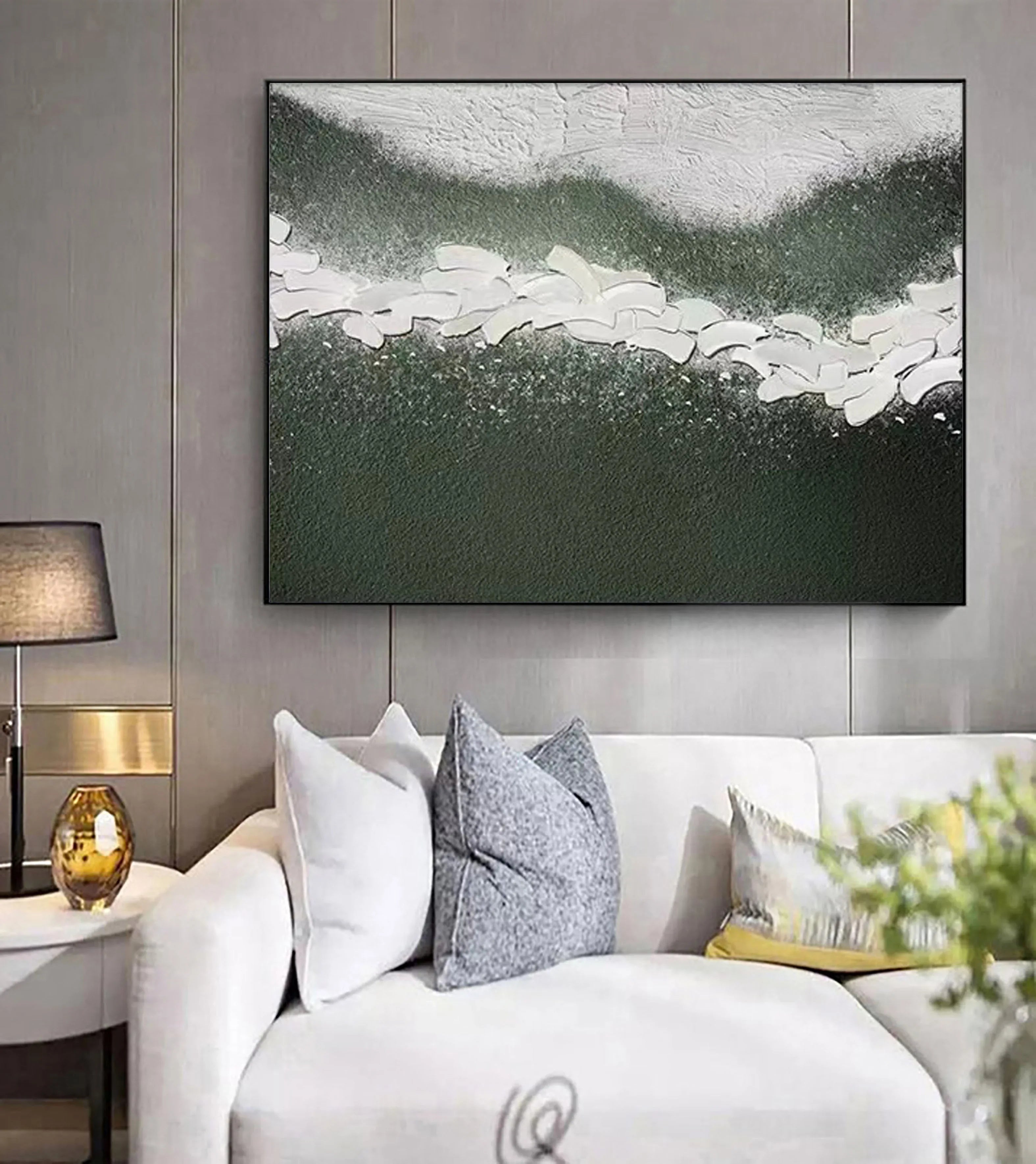 Path of Serenity-Hand Drawn Flowing Green and White Outline Abstract Texture Wall Art