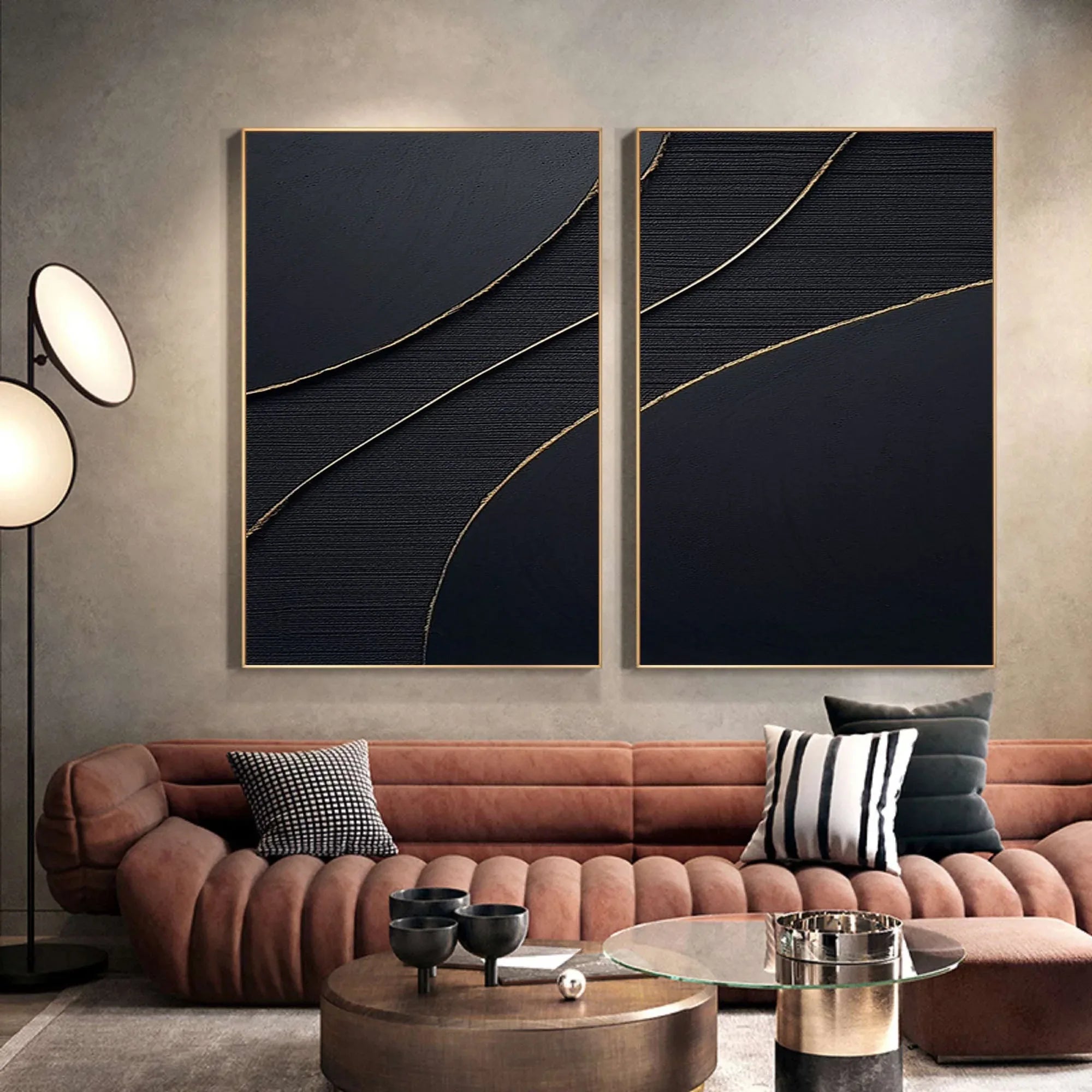 Midnight Elegance SET OF 2-Minimalist Abstract Geometric Texture Wall Art in Modern Interior Decoration