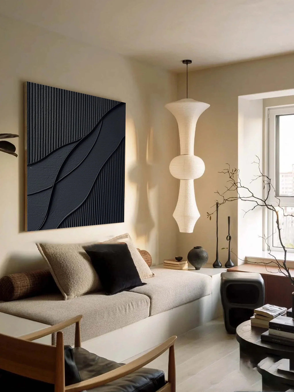 Ripple in Shadow -Black Geometric Curves and Texture Abstract Wall Art#WB11003
