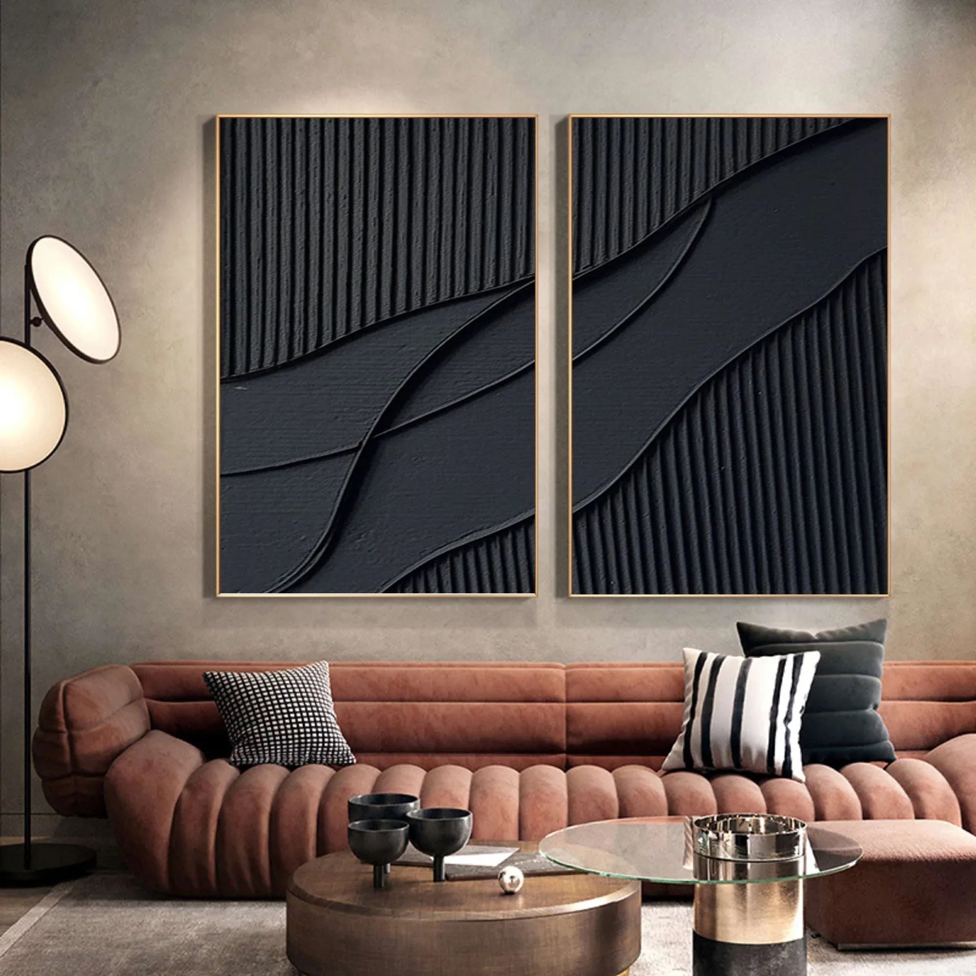 Shadow Waves Abstract Painting SET OF 2-Modern Minimalist Black Textured Abstract Wall Art