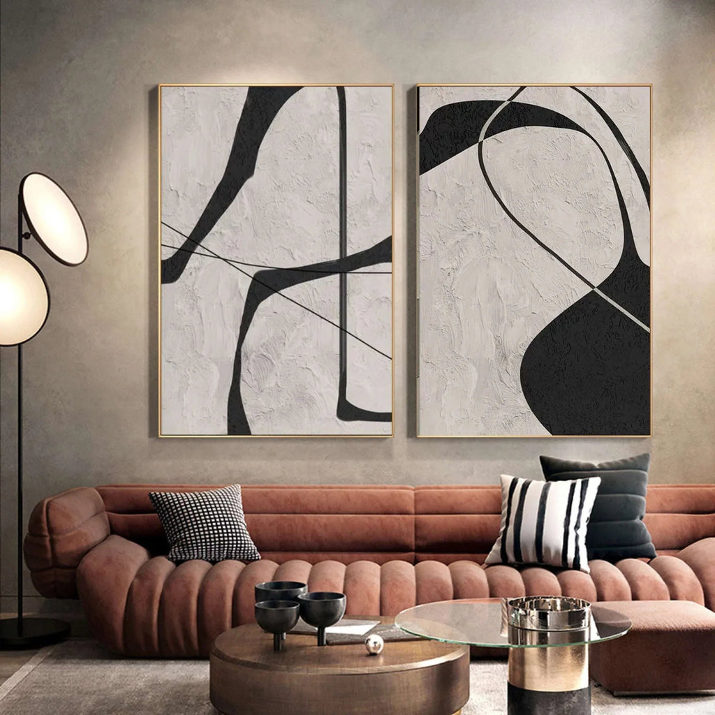 Balanced Curvature SET OF 2 - Modern Interior Minimalist Geometric Lines Wabi Sabi Style Vertical Wall Art