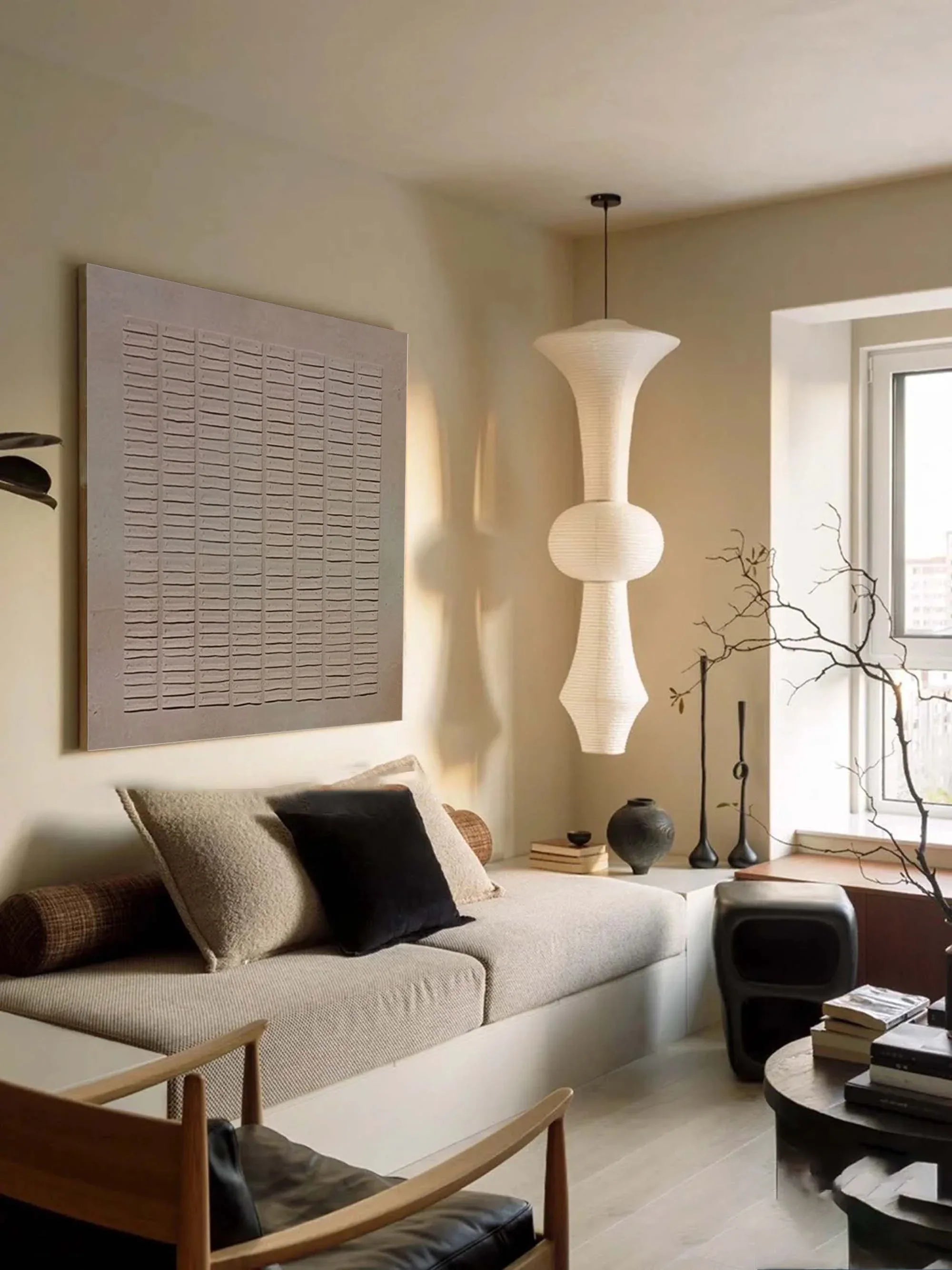 Earthy Grid Textured Canvas-Modern Minimalist Vertical Stripes Geometric Abstract Wall Art