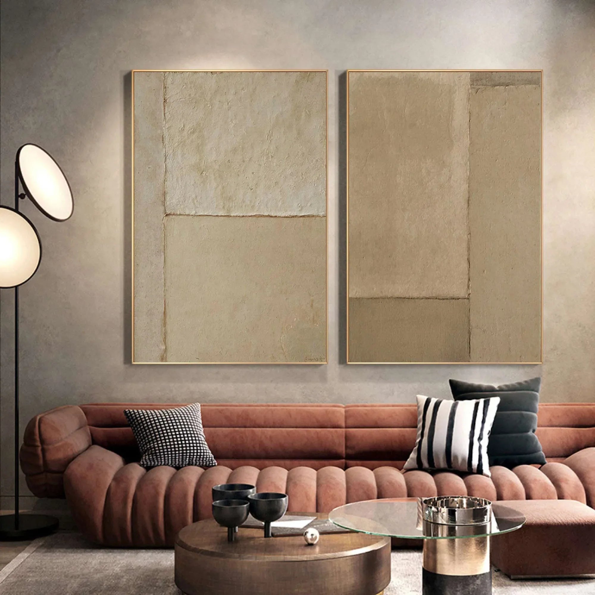 Earthy Simplicity-Brown Geometric Abstract Double Canvas Wall Art for Minimalist Decoration