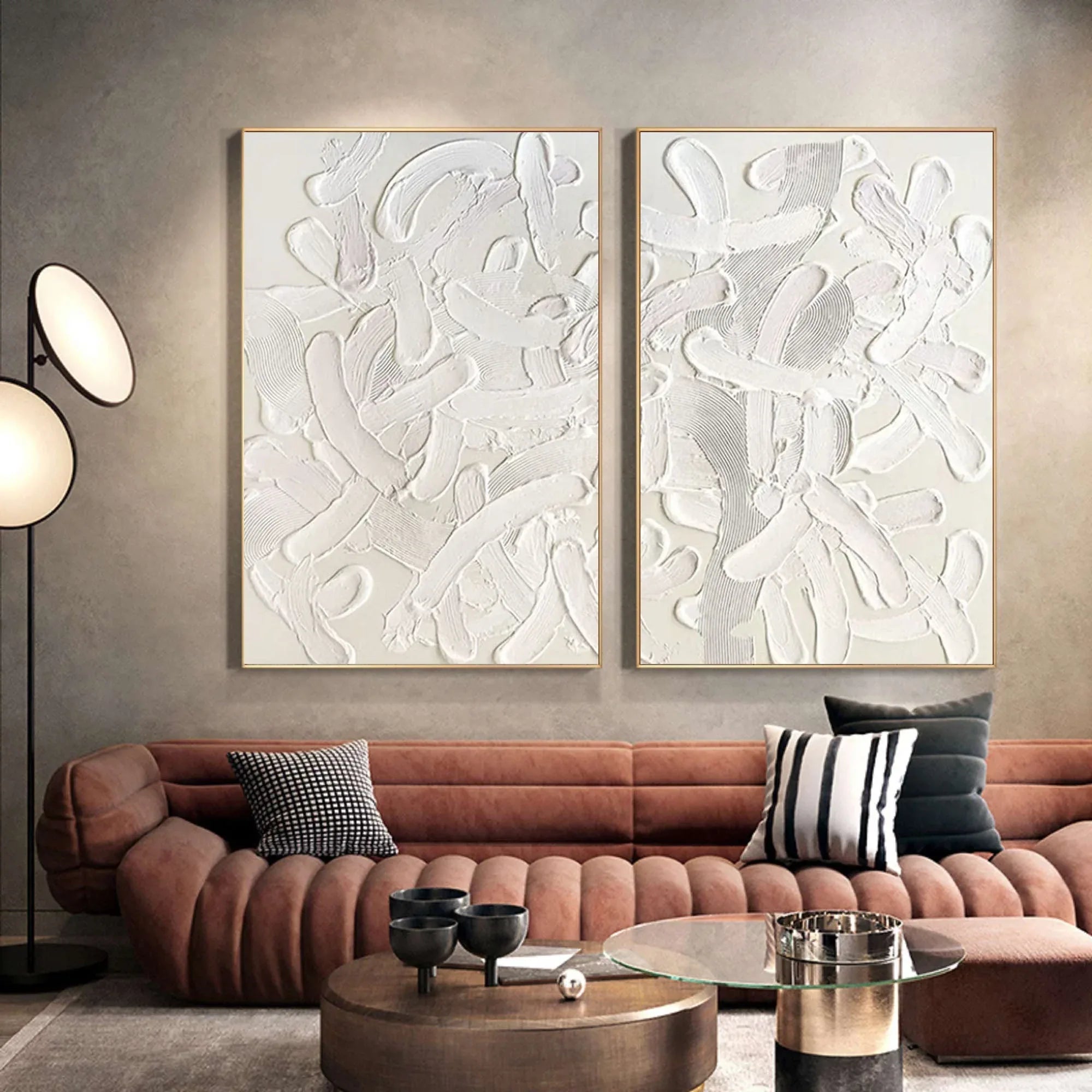 Abstract Tranquility Painting SET OF 2 -Hand-Painted White Tone Thickly Applied Texture Wabi-Sabi Style Wall Art