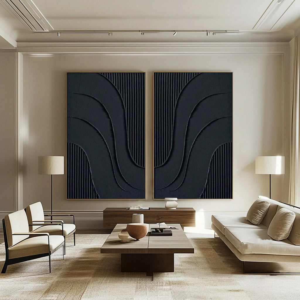 Midnight Flow- Abstract Black Textured Canvas Duo Set of 2