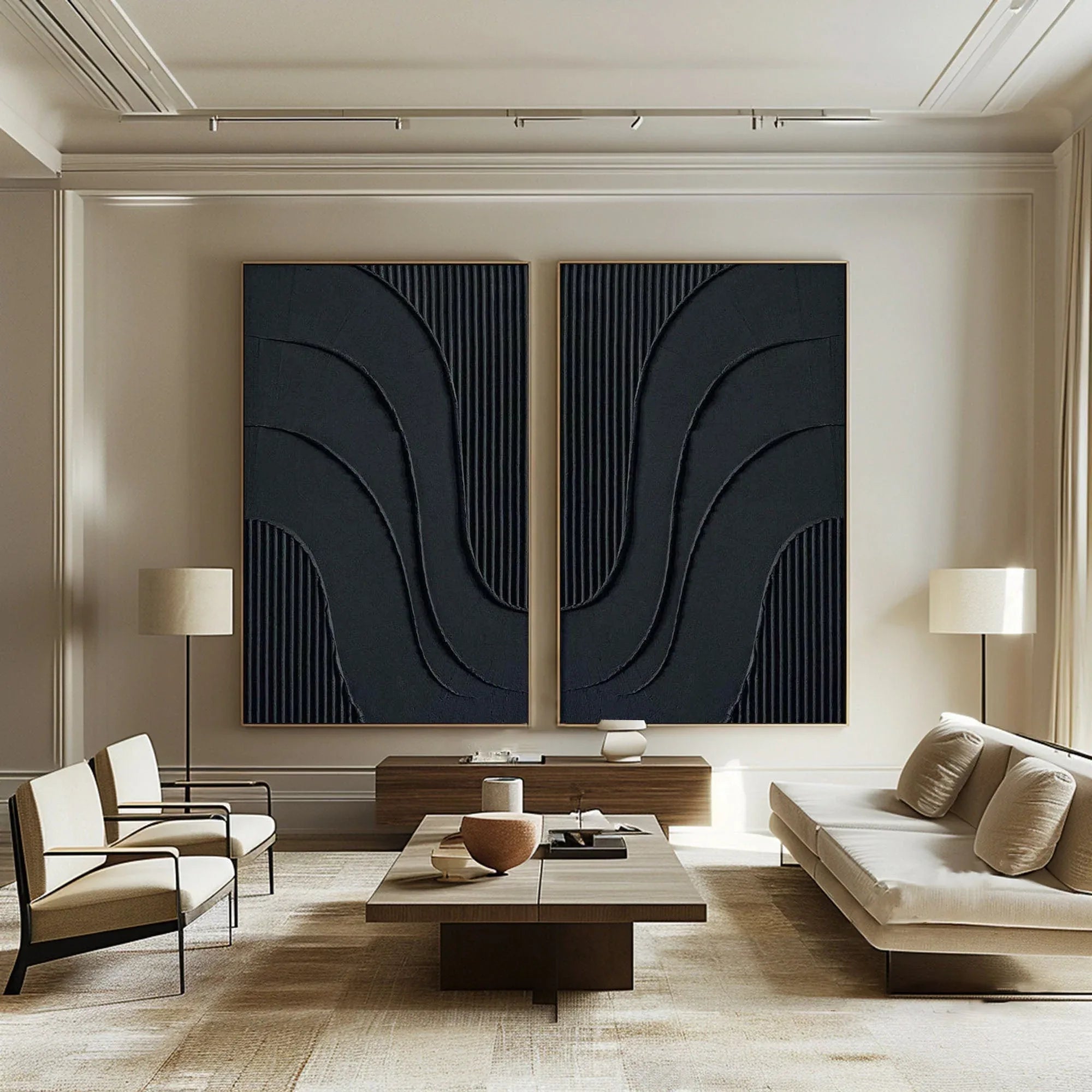 Midnight Flow- Abstract Black Textured Canvas Duo Set of 2