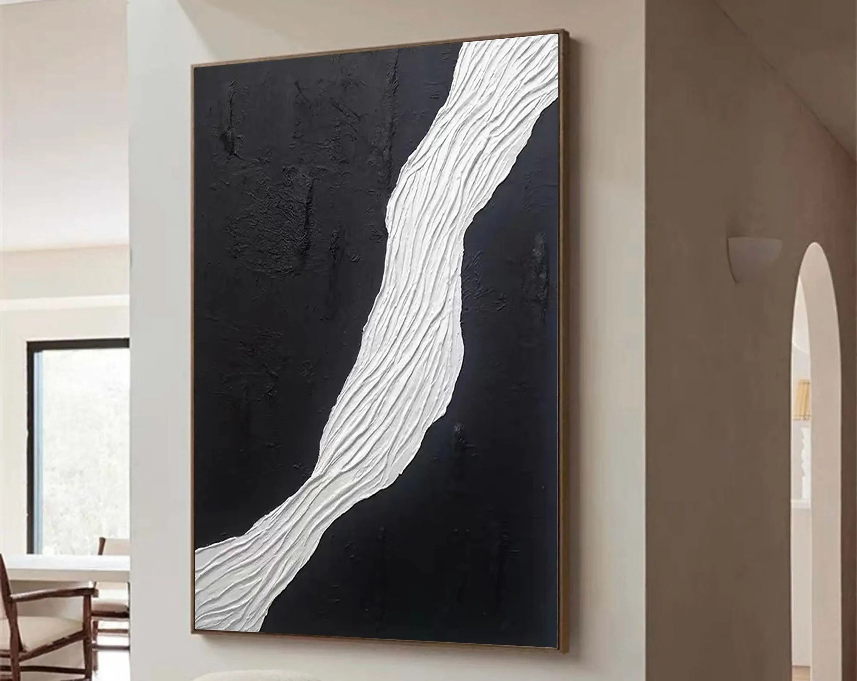 Divided Harmony-Black and White Flowing Abstract Hand-Painted Oil Painting Wall Art