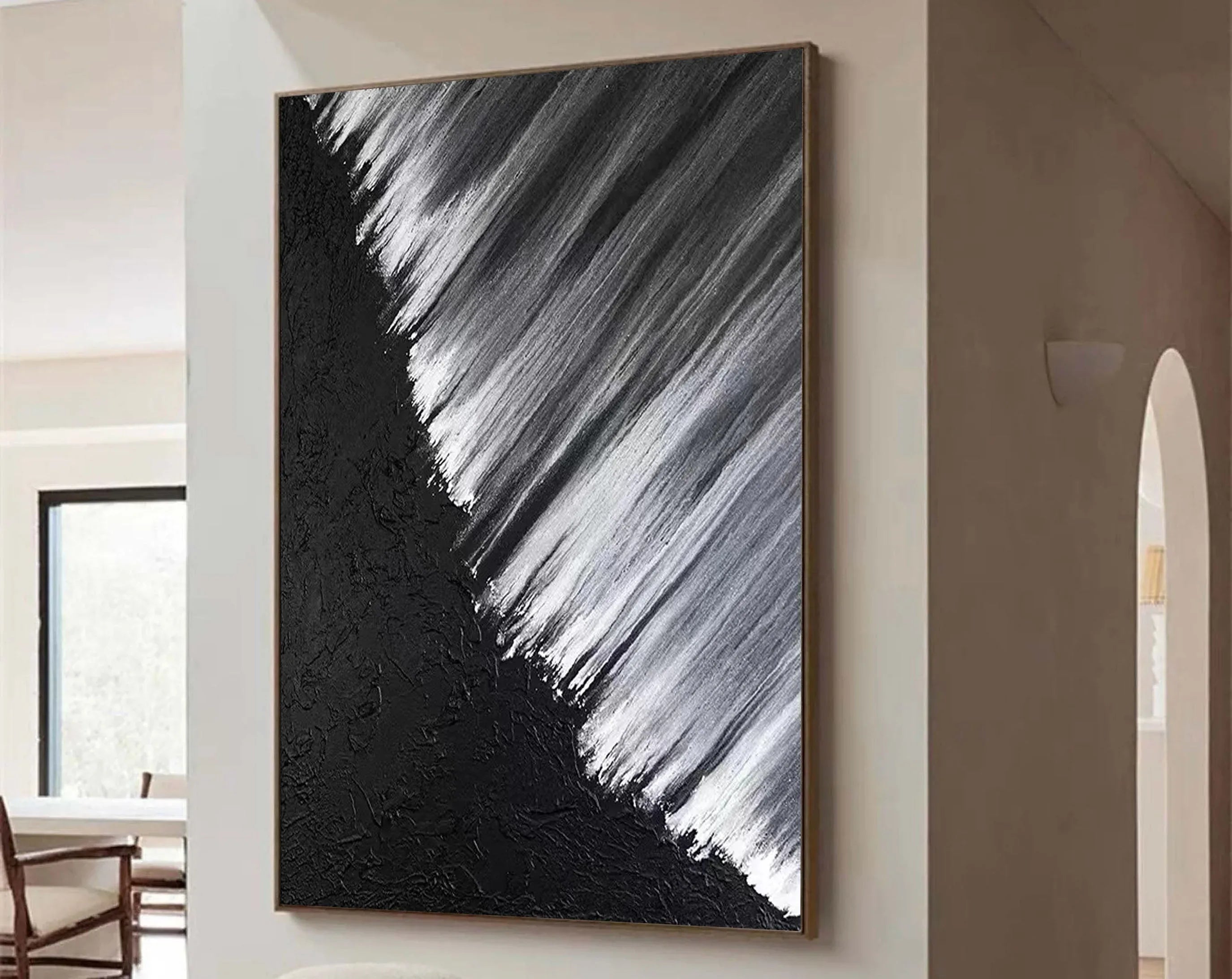 Monochrome Cascade-Hand Drawn Black and White Oblique Texture Abstract Wall Art