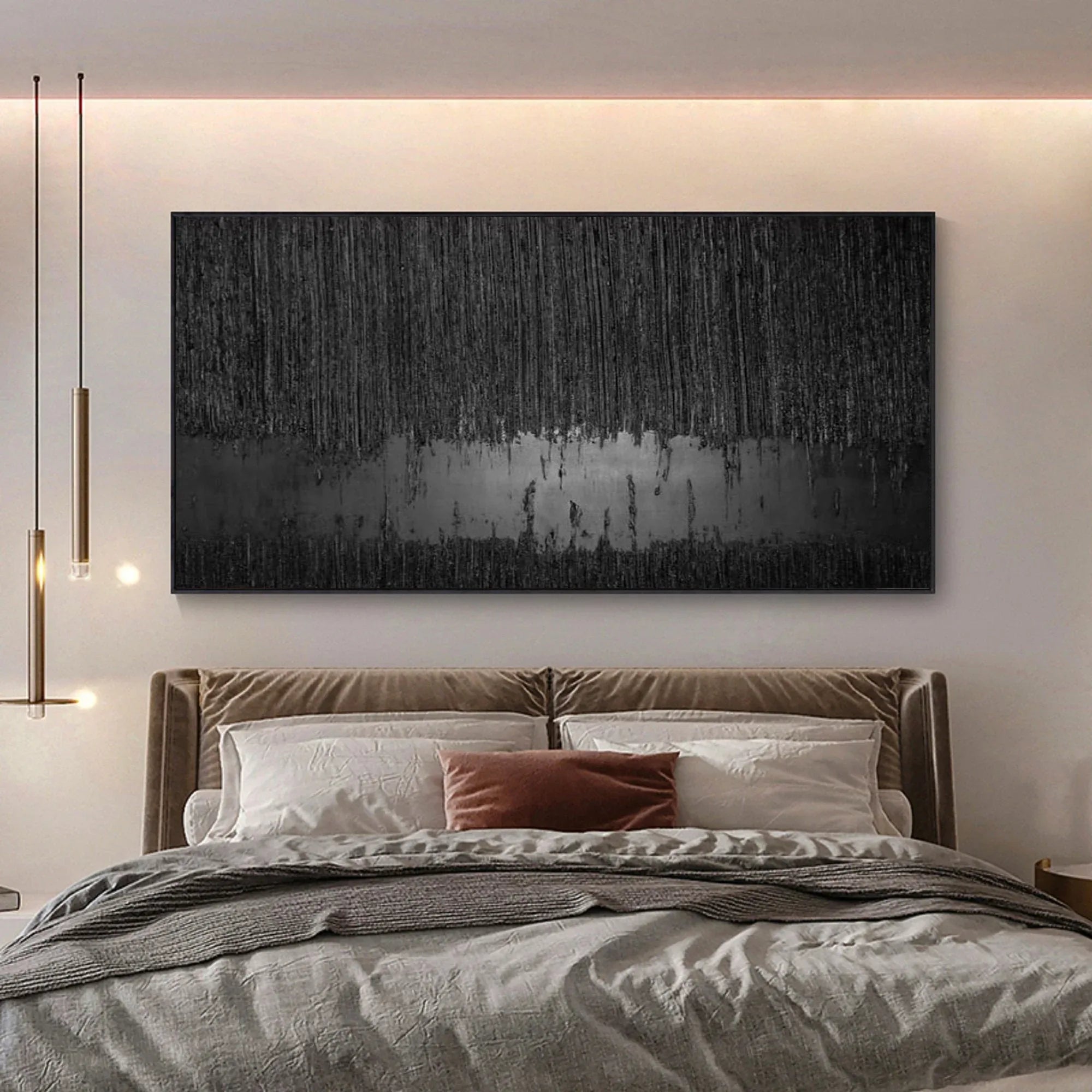 Obsidian Silence-Hand Drawn Black Gray Dangling Texture Abstract Oil Painting Wall Art