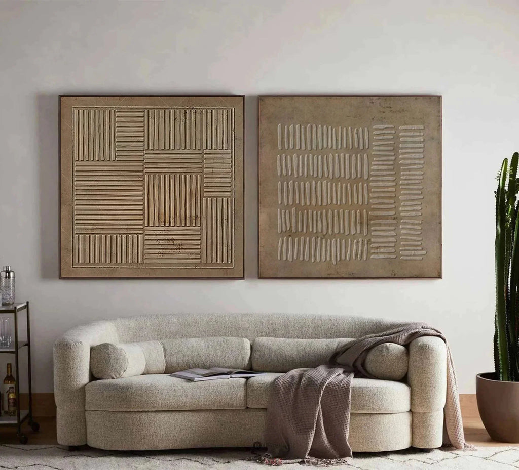 Linear Harmony SET OF 2-Handmade Geometric Vertical and Horizontal Stripes Texture Abstract Wall Art