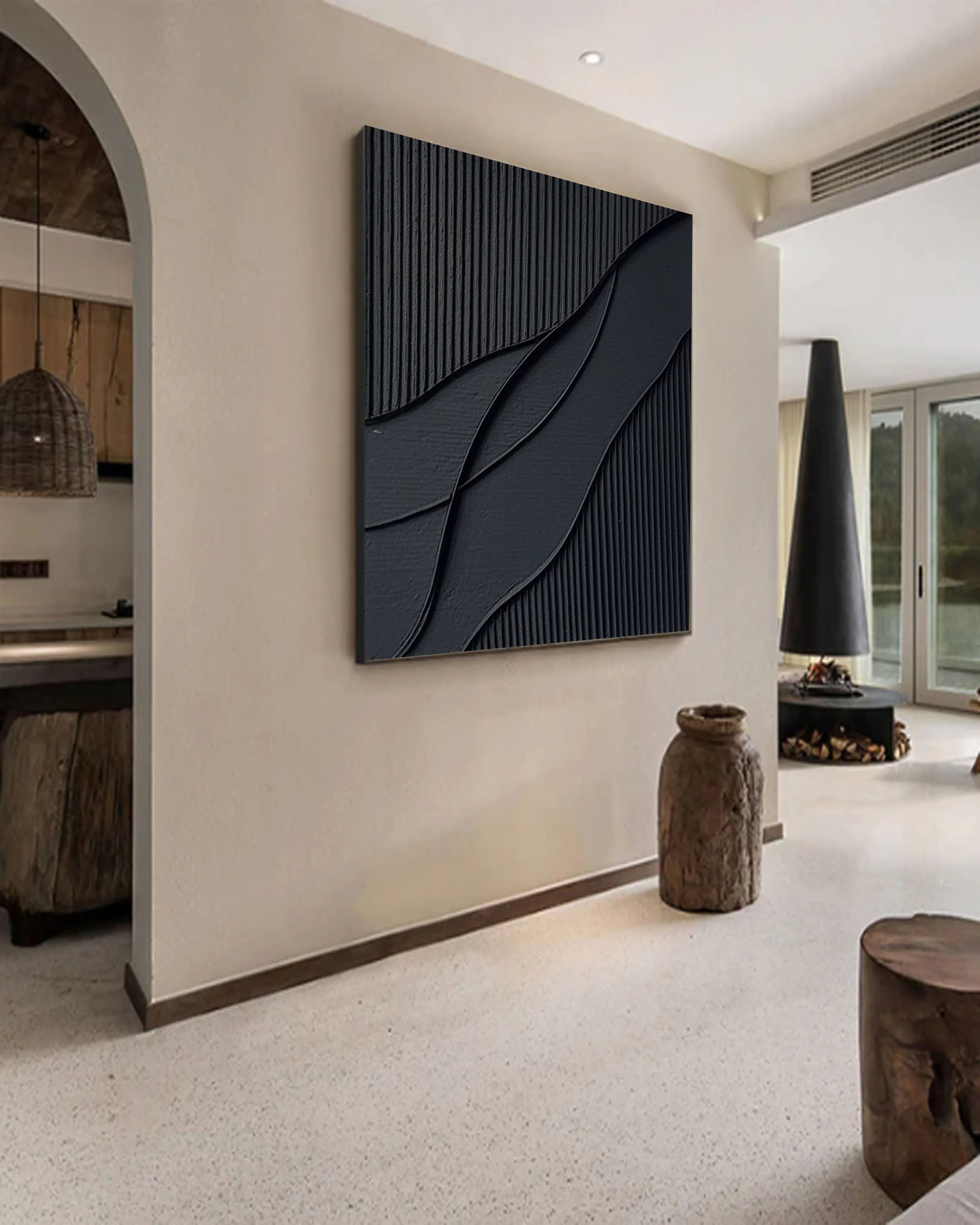 Ripple in Shadow -Black Geometric Curves and Texture Abstract Wall Art#WB11003