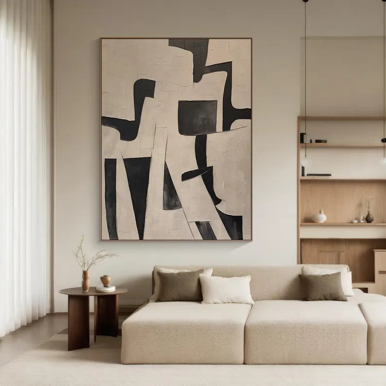 Monochrome Geometry – Textured Black and Neutral Abstract Wall Art#AB14059