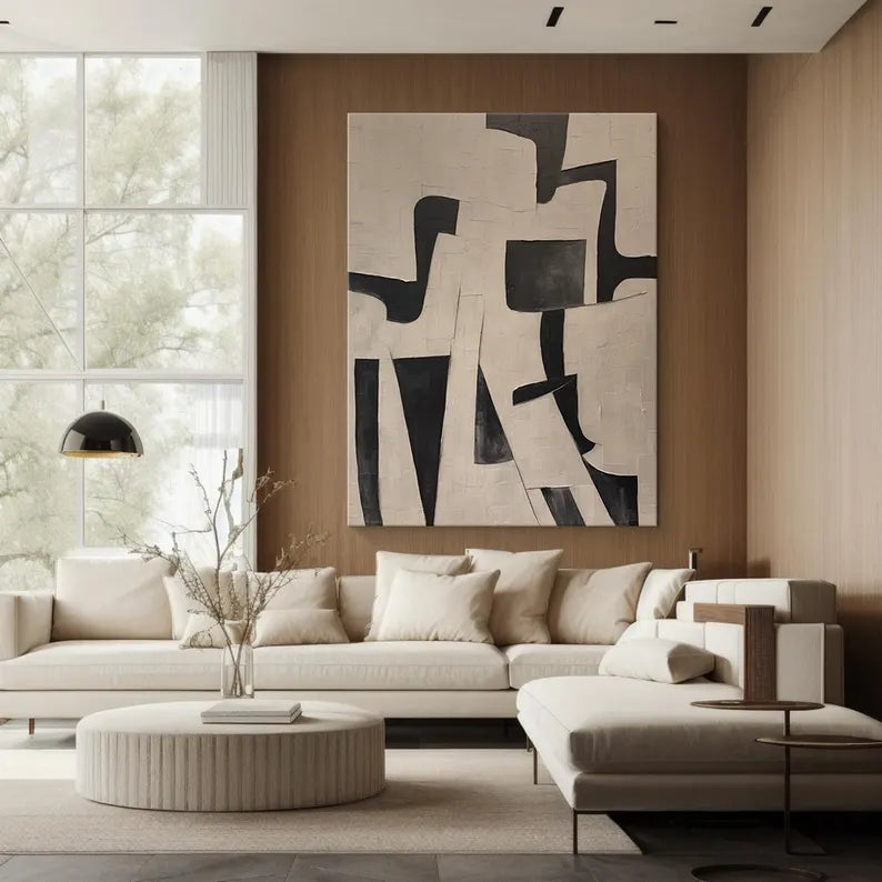 Monochrome Geometry – Textured Black and Neutral Abstract Wall Art#AB14059