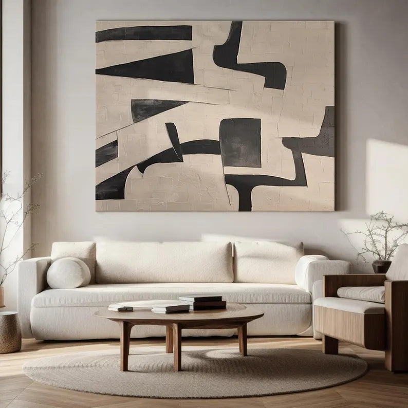 Monochrome Geometry – Textured Black and Neutral Abstract Wall Art#AB14059