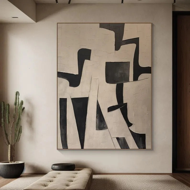 Monochrome Geometry – Textured Black and Neutral Abstract Wall Art#AB14059