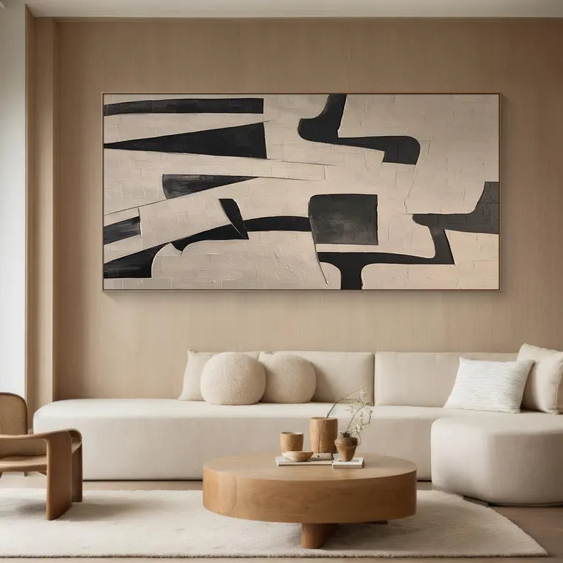 Monochrome Geometry – Textured Black and Neutral Abstract Wall Art#AB14059