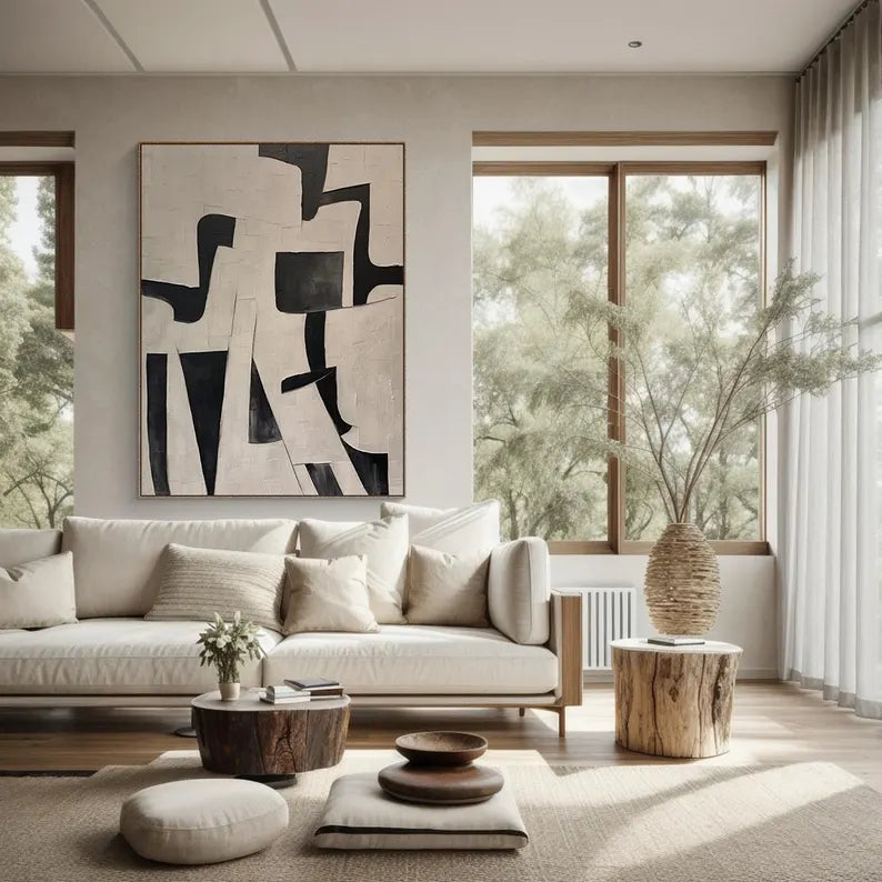 Monochrome Geometry – Textured Black and Neutral Abstract Wall Art#AB14059