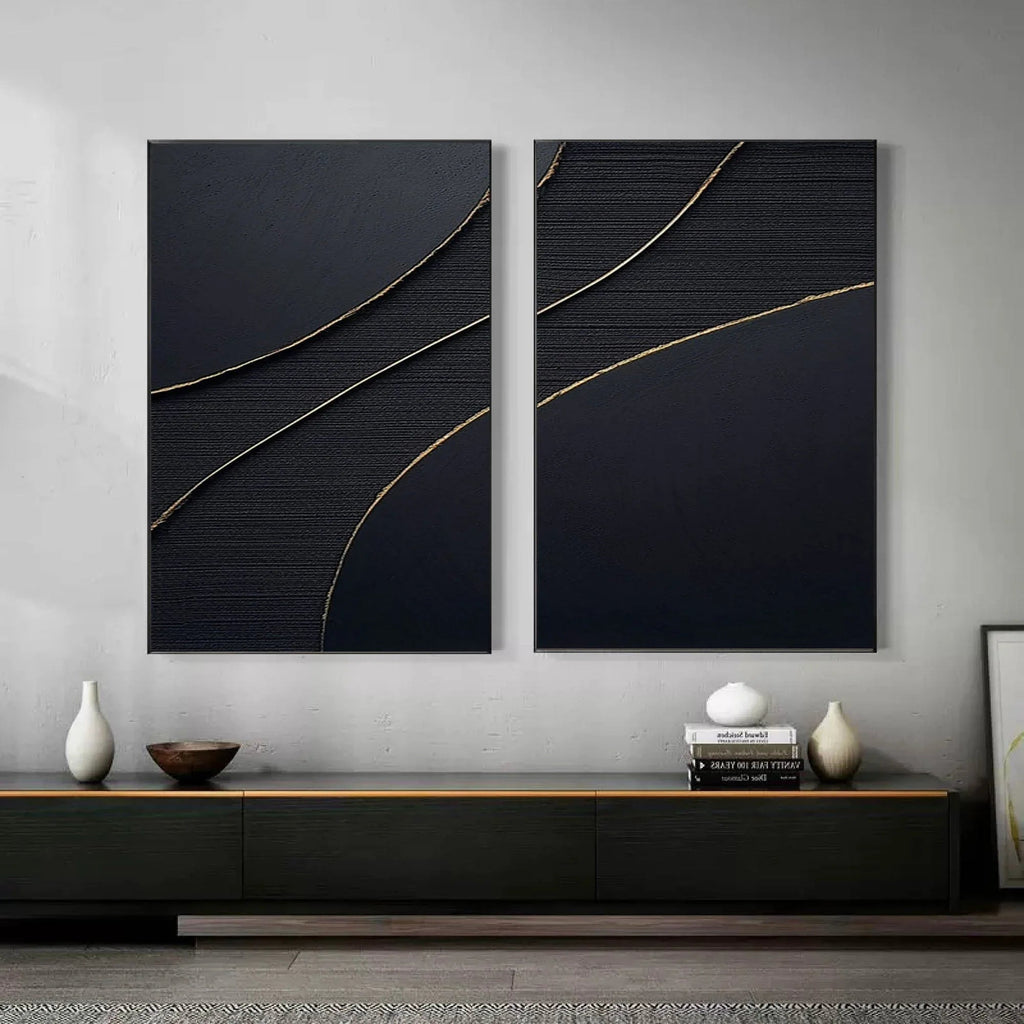Midnight Elegance SET OF 2-Minimalist Abstract Geometric Texture Wall Art in Modern Interior Decoration