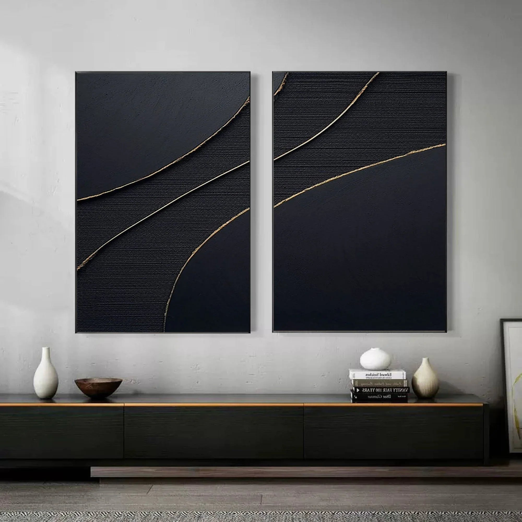 Midnight Elegance SET OF 2-Minimalist Abstract Geometric Texture Wall Art in Modern Interior Decoration