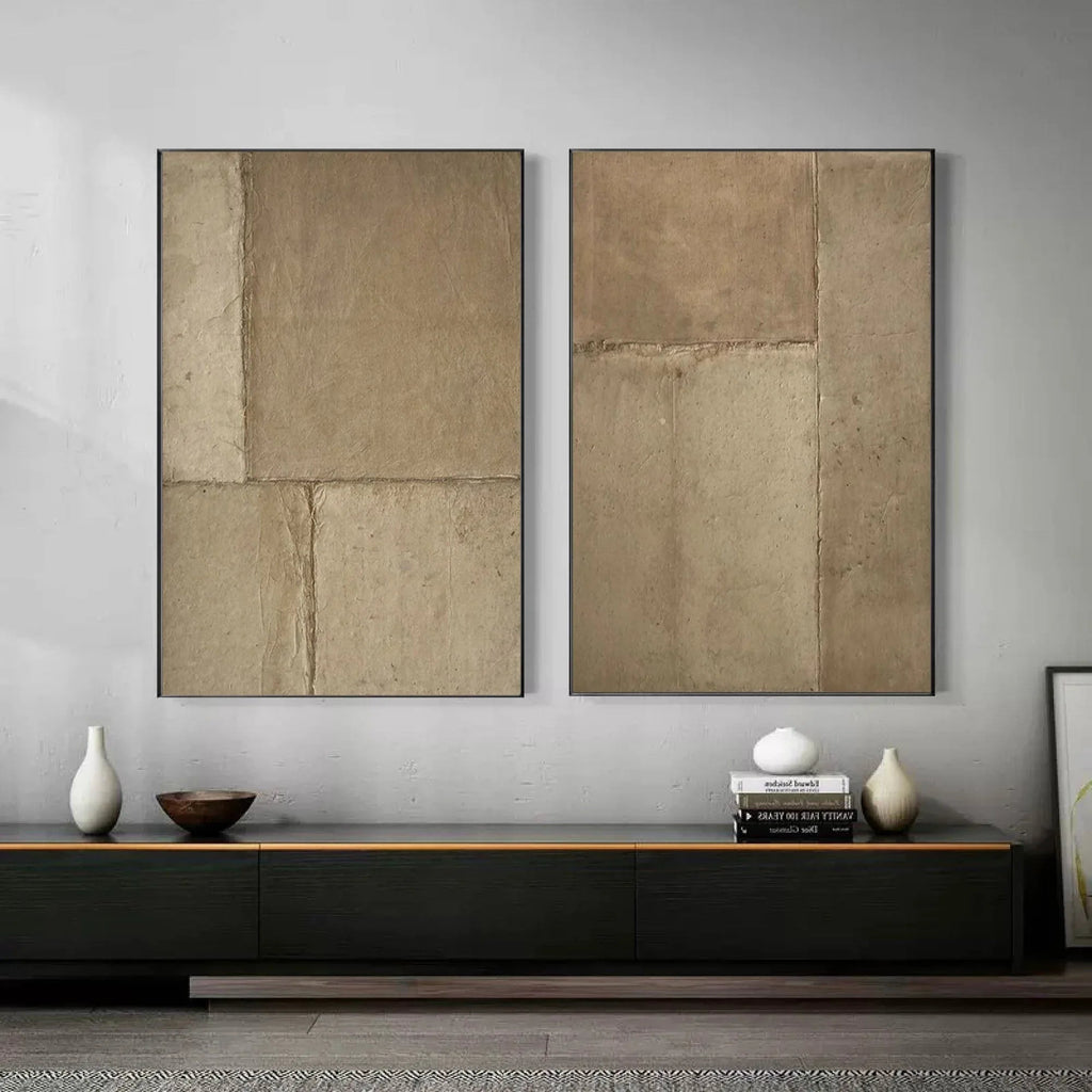 Rustic Harmony-Modern Hand Painted Geometric Light Brown Diptych Abstract Wall Art
