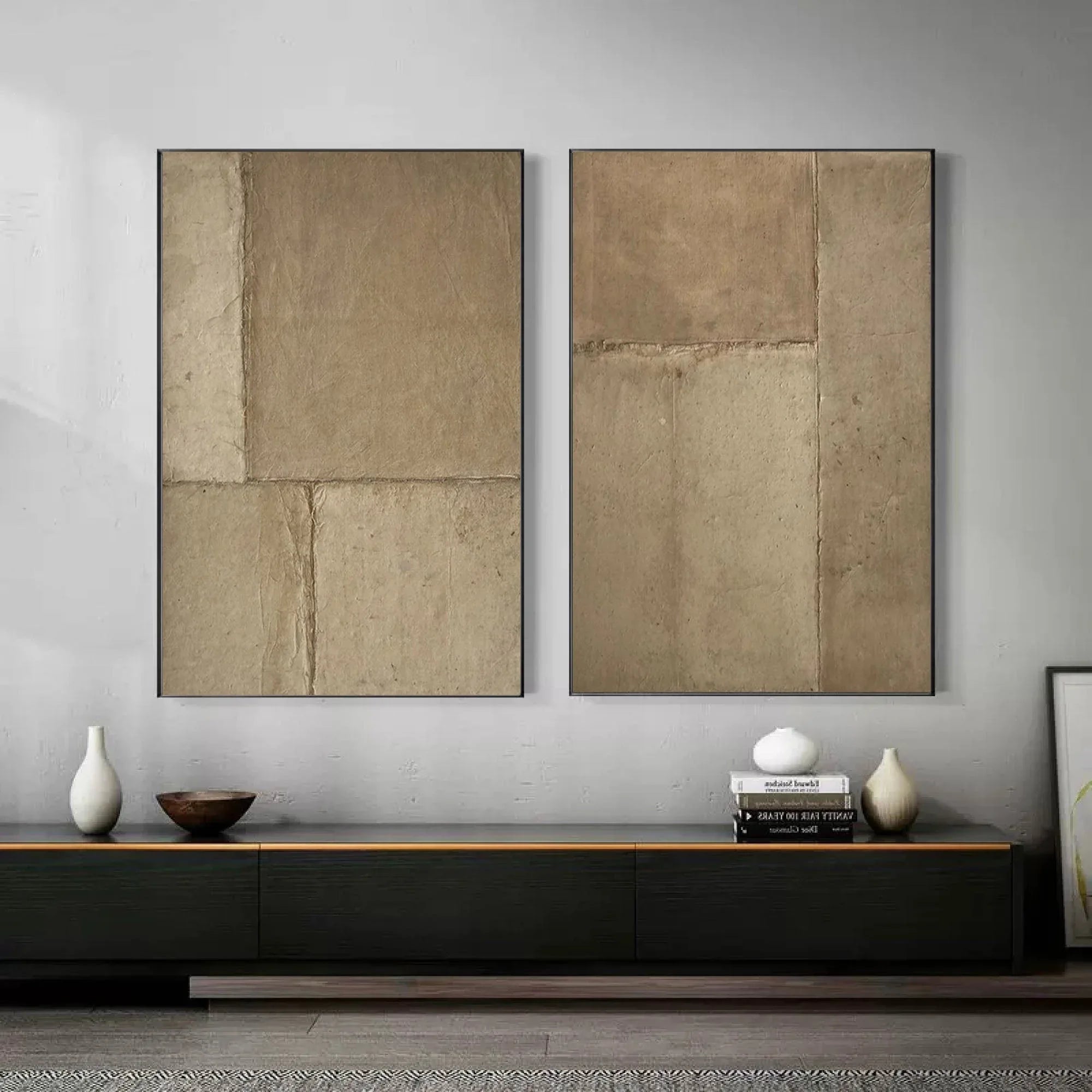 Rustic Harmony-Modern Hand Painted Geometric Light Brown Diptych Abstract Wall Art