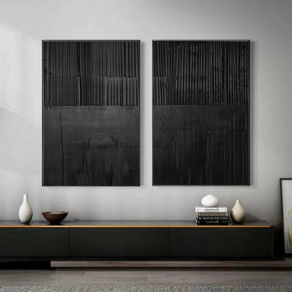 Set of Two Black Textured Abstract Wall Art - Minimalist Design