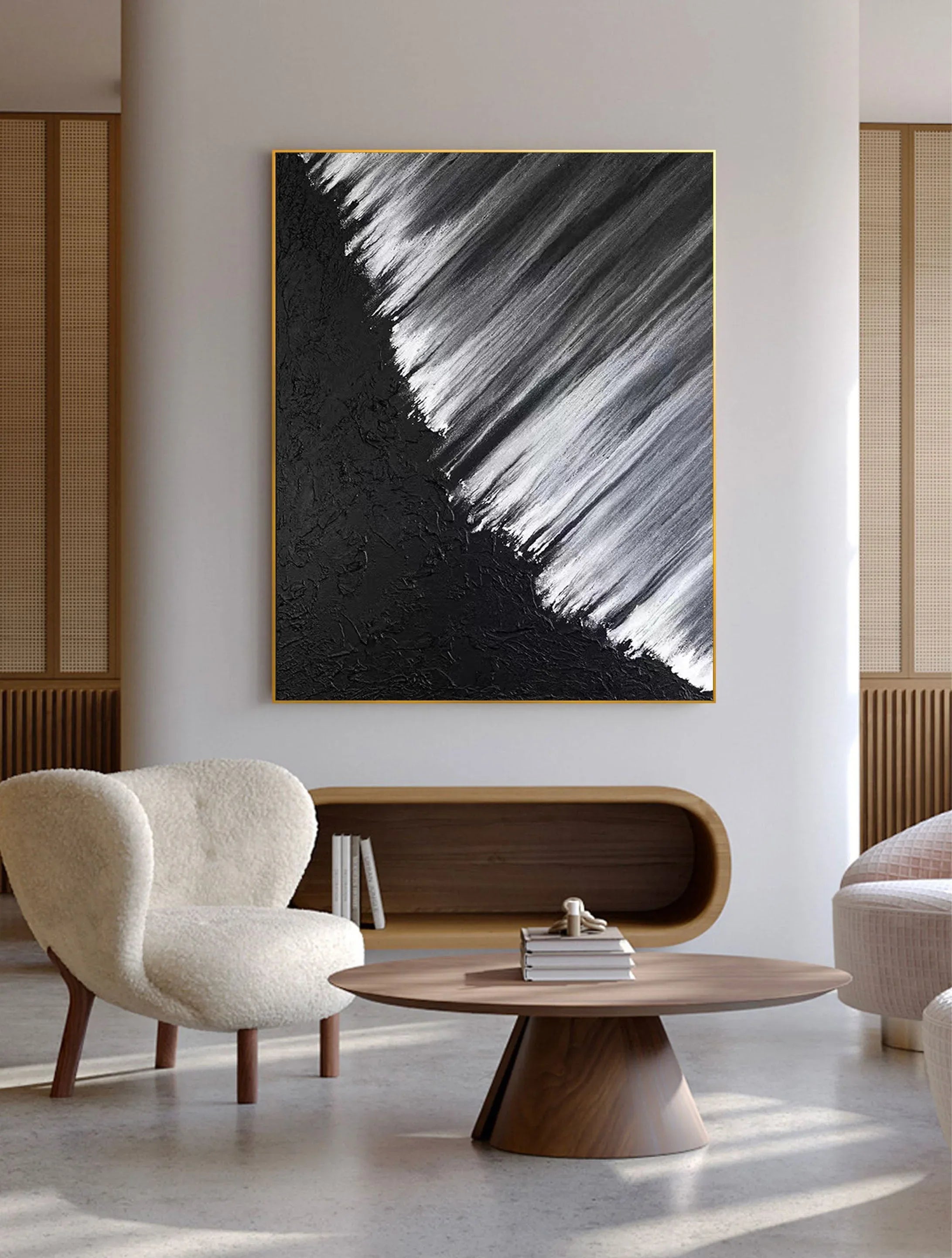 Monochrome Cascade-Hand Drawn Black and White Oblique Texture Abstract Wall Art