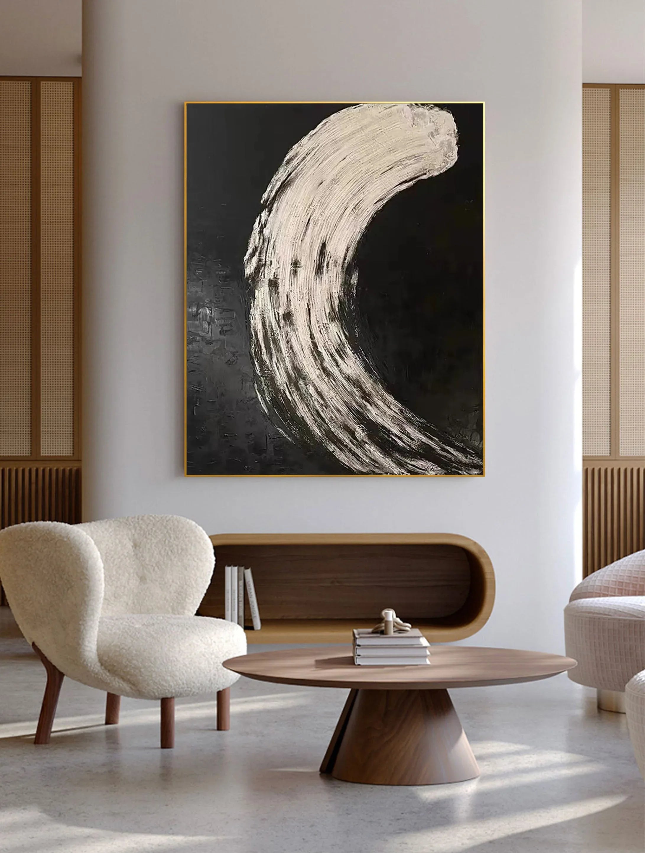 Eclipse Flow-Modern Minimalist Abstract Black and White Curved Texture Wall Art