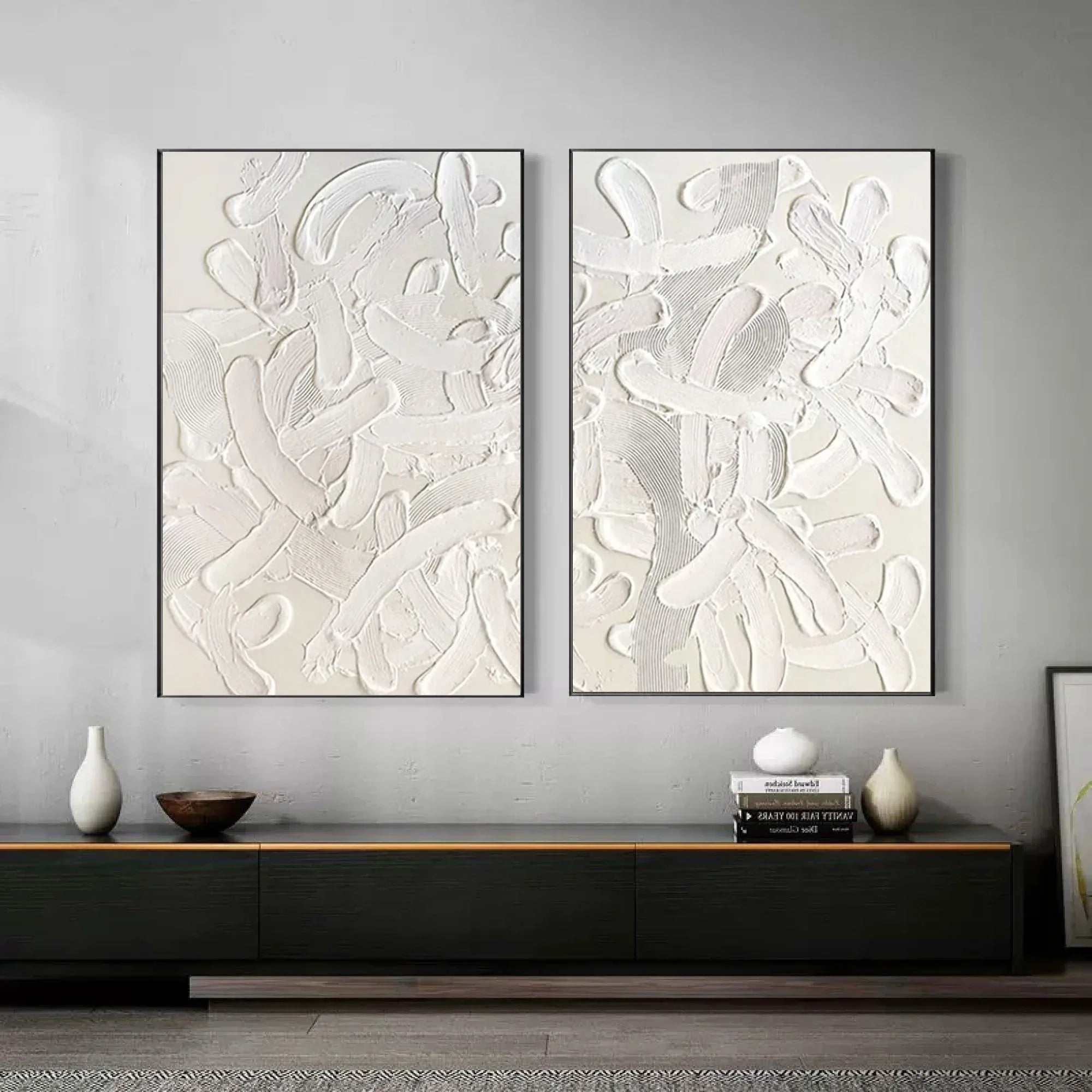 Abstract Tranquility Painting SET OF 2 -Hand-Painted White Tone Thickly Applied Texture Wabi-Sabi Style Wall Art