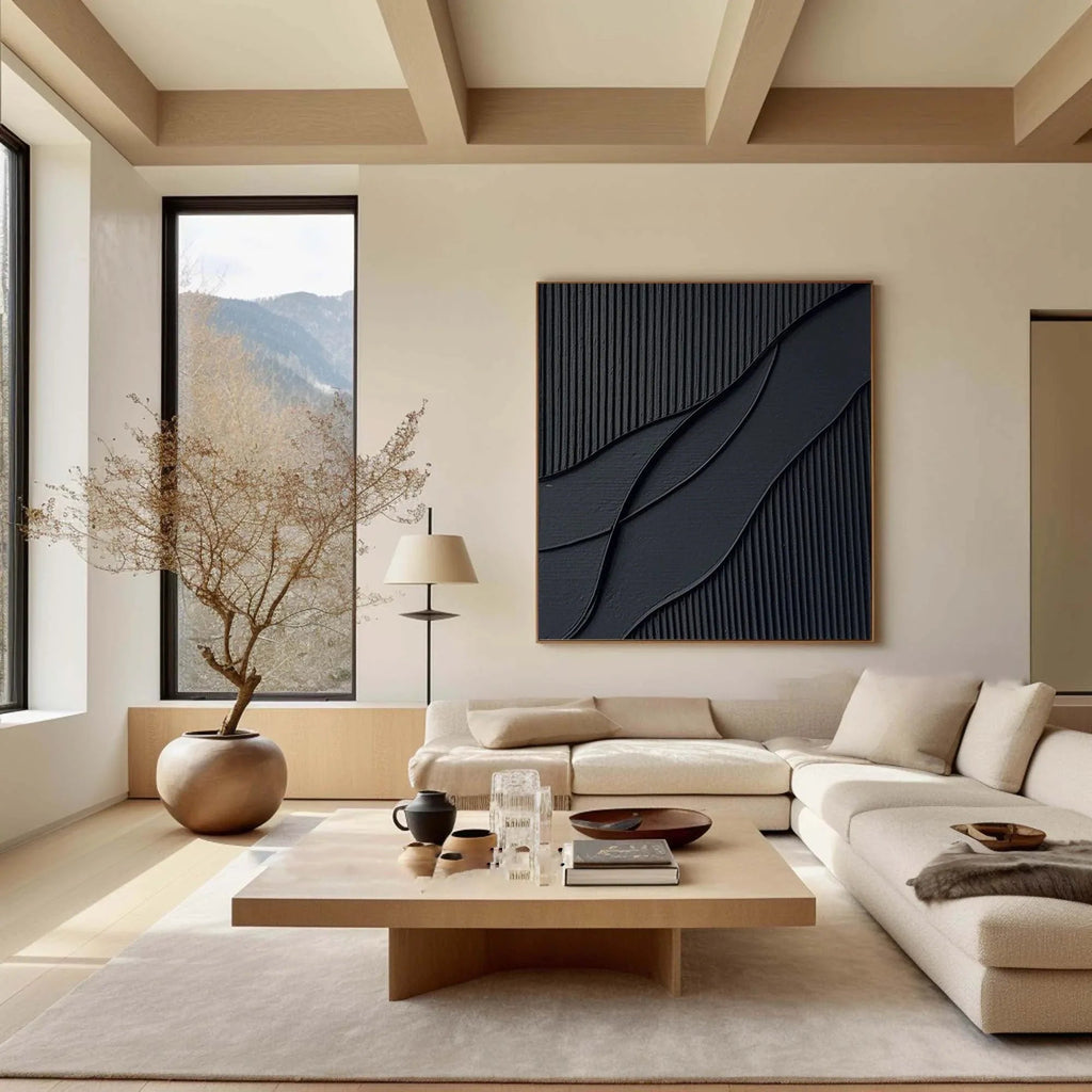 Ripple in Shadow -Black Geometric Curves and Texture Abstract Wall Art#WB11003
