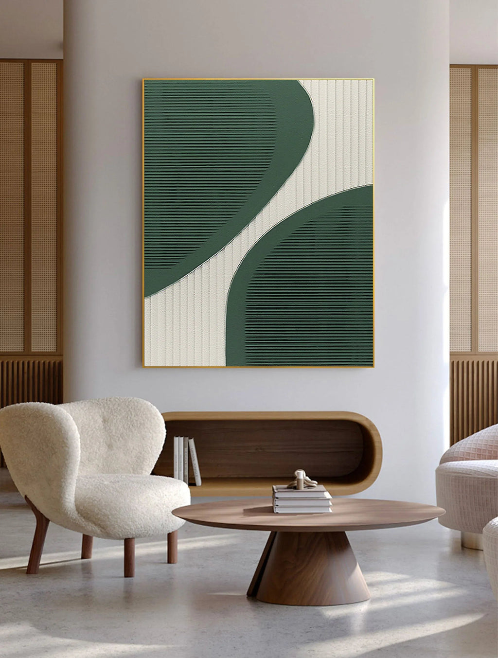 Curved Harmony-Modern Minimalist Green and White Curved Geometric Abstract Wall Art