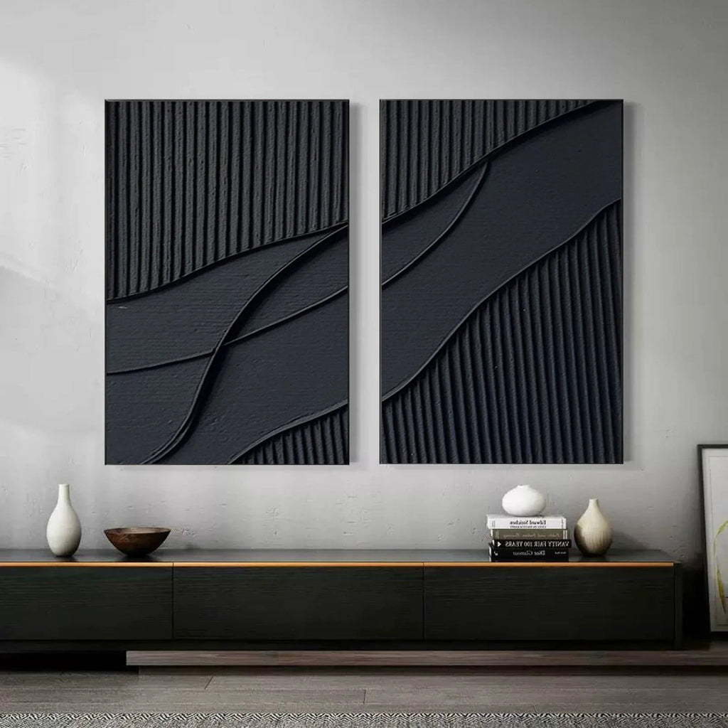 Shadow Waves Abstract Painting SET OF 2-Modern Minimalist Black Textured Abstract Wall Art