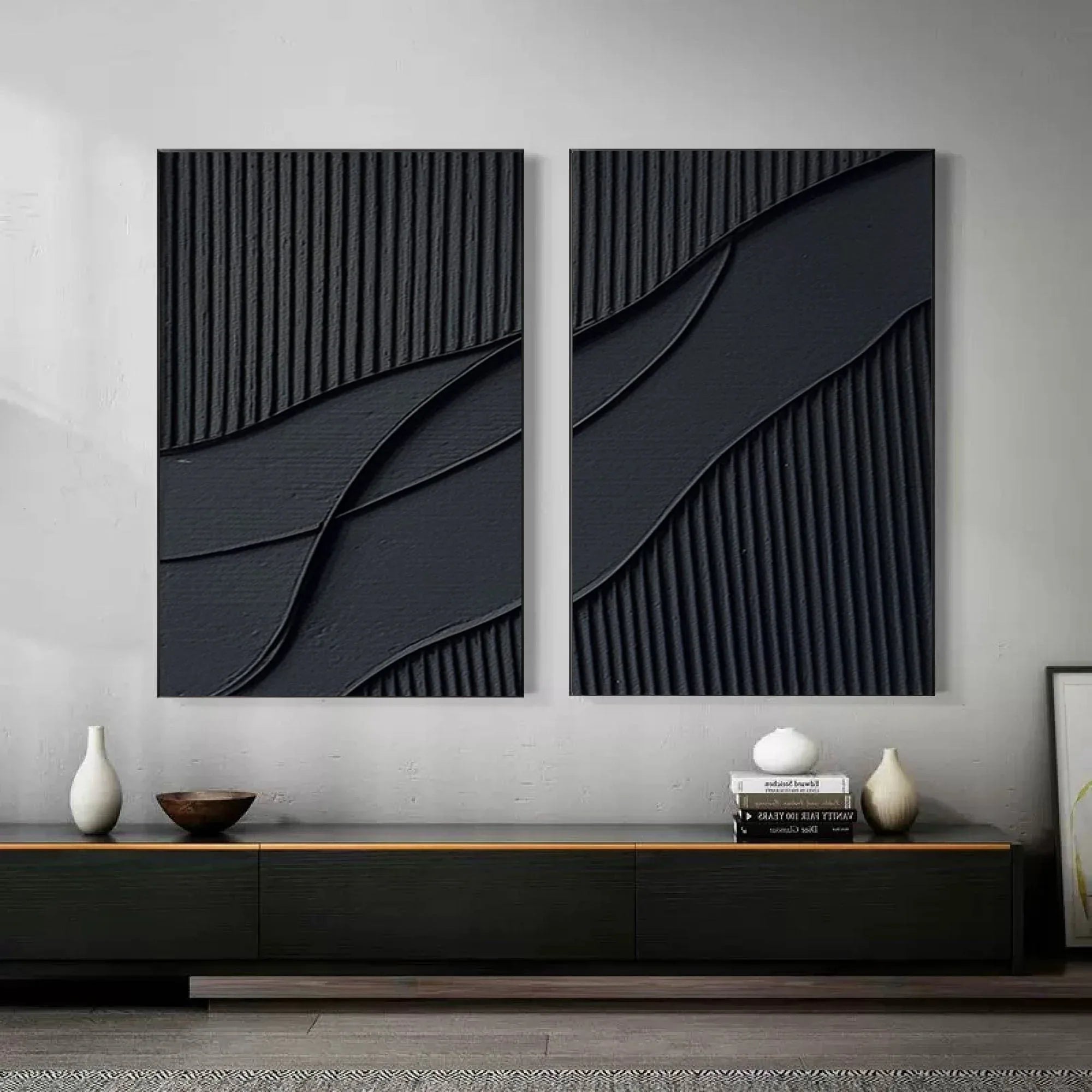 Shadow Waves Abstract Painting SET OF 2-Modern Minimalist Black Textured Abstract Wall Art