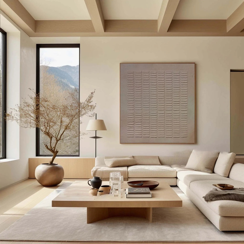 Earthy Grid Textured Canvas-Modern Minimalist Vertical Stripes Geometric Abstract Wall Art
