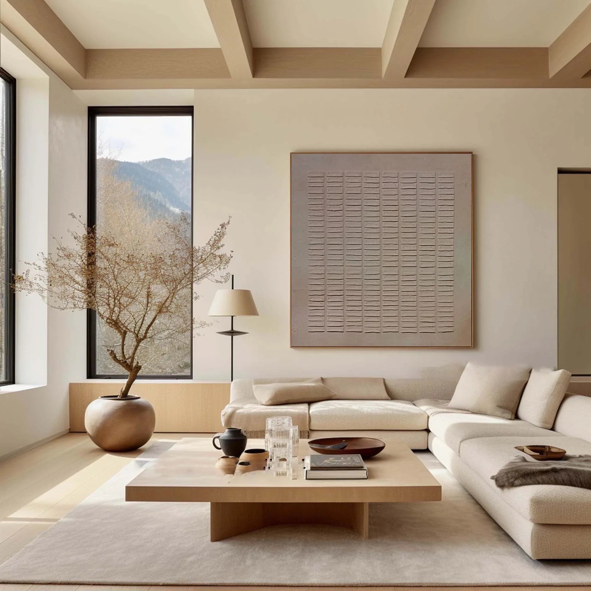Earthy Grid Textured Canvas-Modern Minimalist Vertical Stripes Geometric Abstract Wall Art