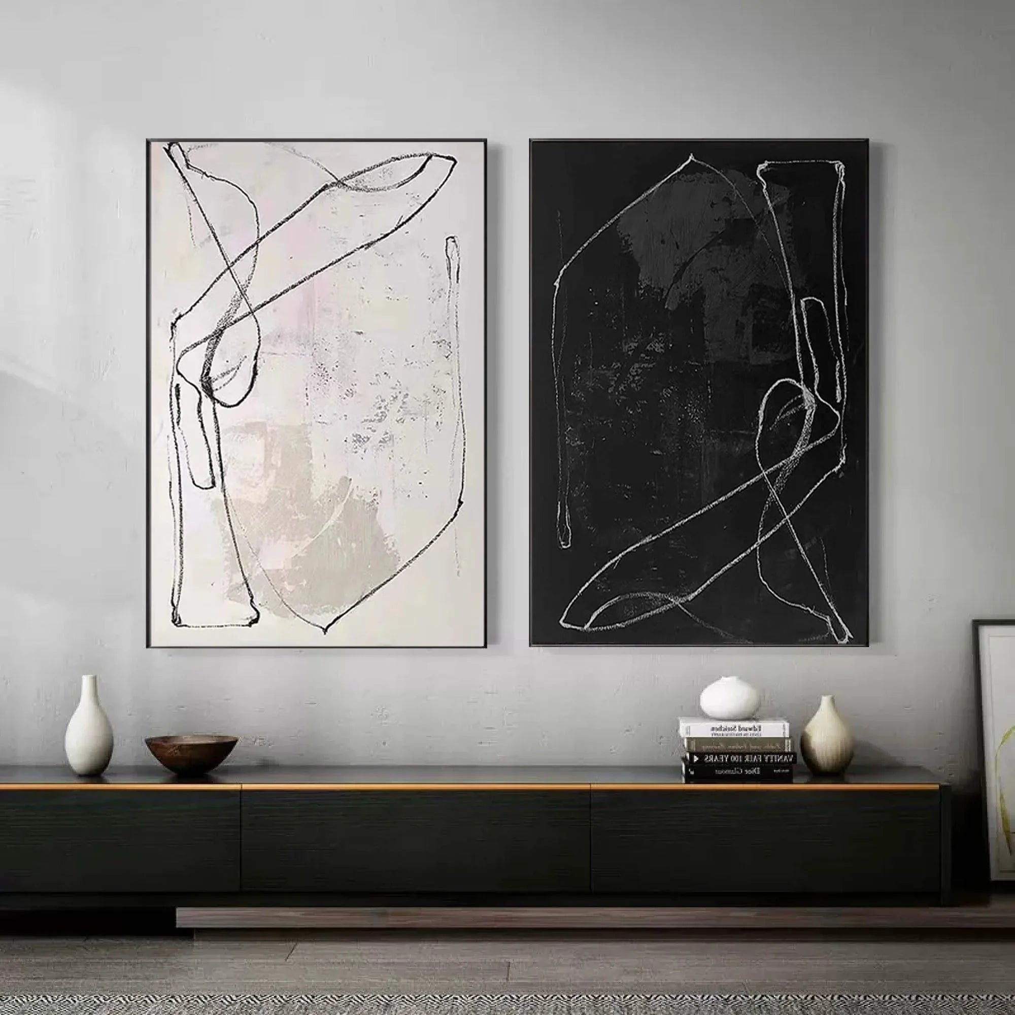 Monochrome Rhythm-Abstract Line Canvas Duo  SET OF 2