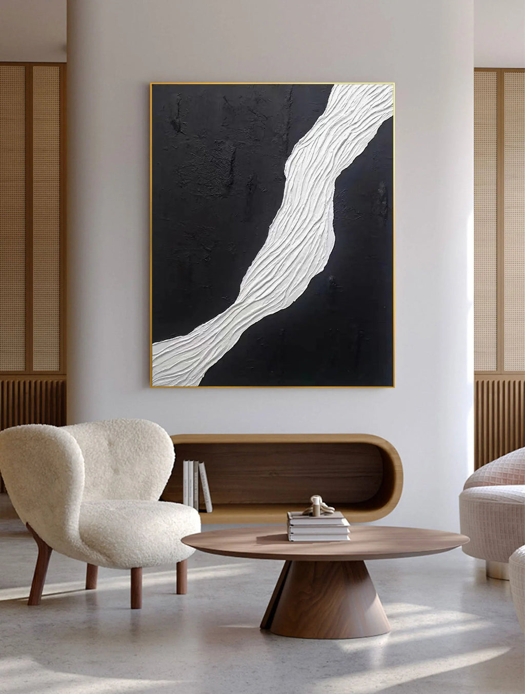 Divided Harmony-Black and White Flowing Abstract Hand-Painted Oil Painting Wall Art