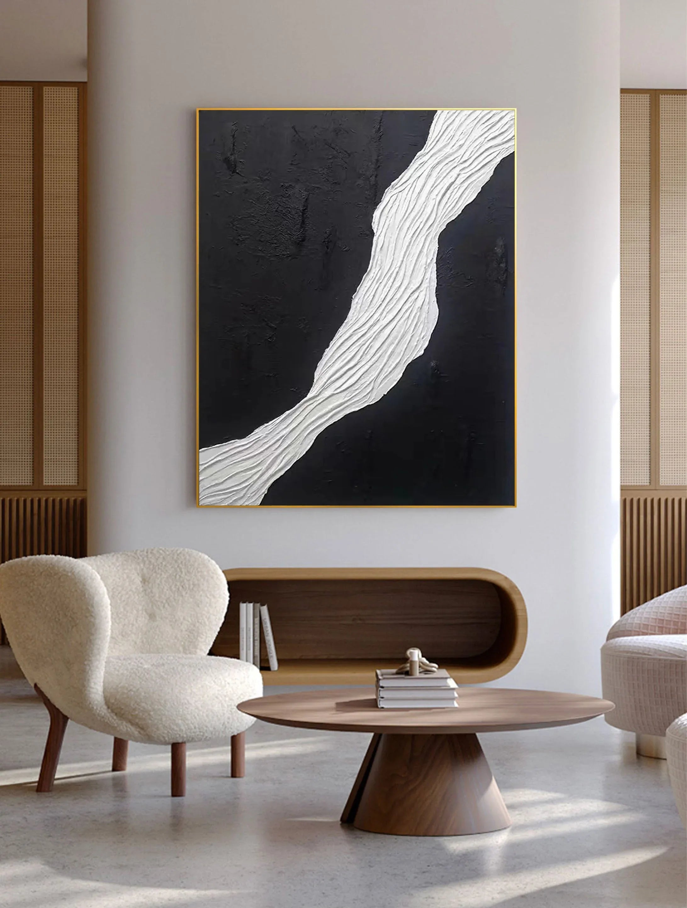 Divided Harmony-Black and White Flowing Abstract Hand-Painted Oil Painting Wall Art