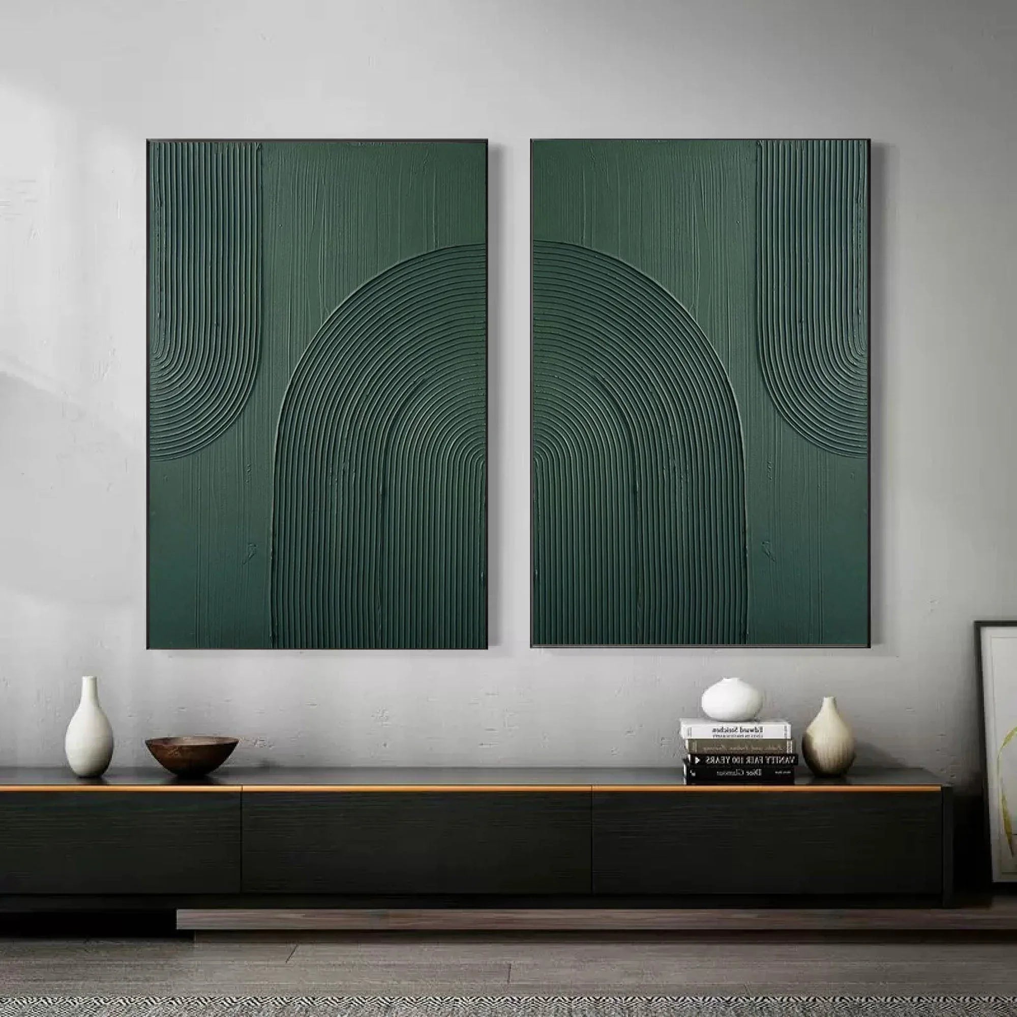 Dark Green Textured Abstract Canvas Art - Set of 2