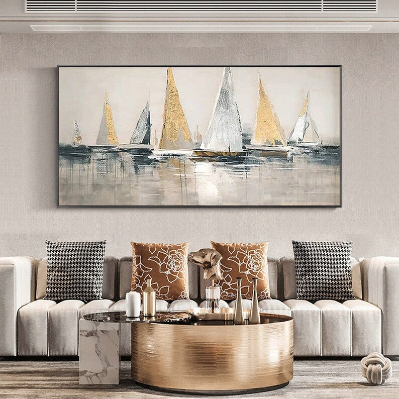 Golden Sails – Textured Abstract Sailboat Canvas Wall Art#AB14047