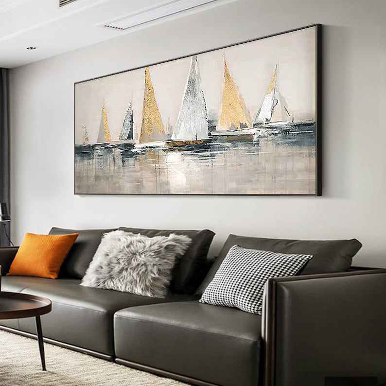 Golden Sails – Textured Abstract Sailboat Canvas Wall Art#AB14047