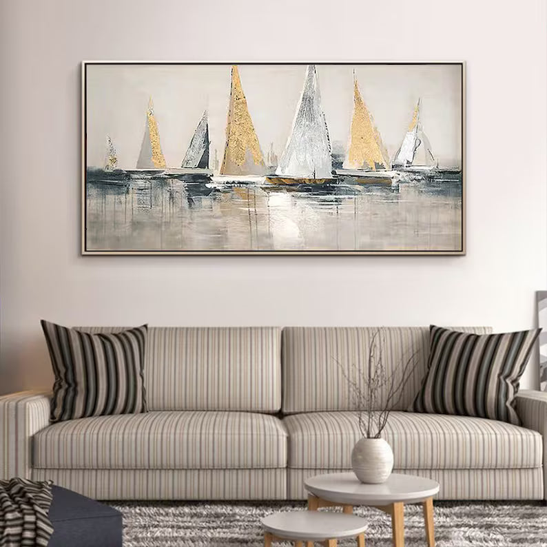 Golden Sails – Textured Abstract Sailboat Canvas Wall Art#AB14047