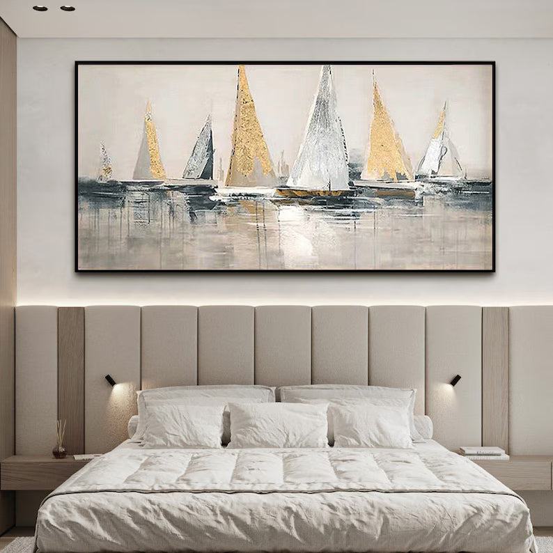 Golden Sails – Textured Abstract Sailboat Canvas Wall Art#AB14047