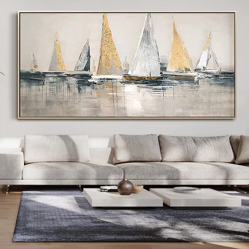 Golden Sails – Textured Abstract Sailboat Canvas Wall Art#AB14047