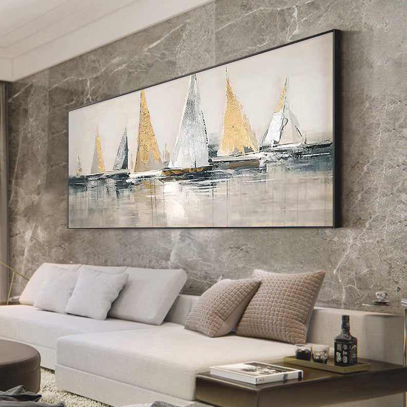 Golden Sails – Textured Abstract Sailboat Canvas Wall Art#AB14047