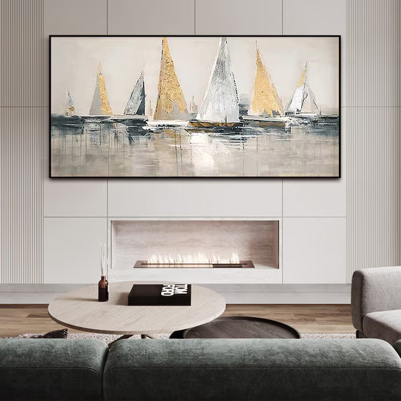 Golden Sails – Textured Abstract Sailboat Canvas Wall Art#AB14047