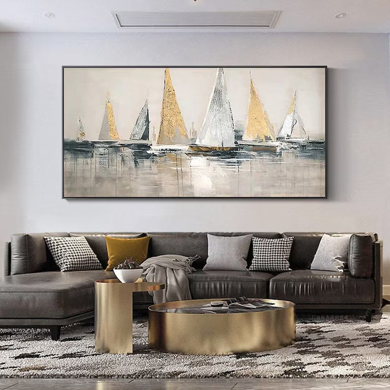 Golden Sails – Textured Abstract Sailboat Canvas Wall Art#AB14047