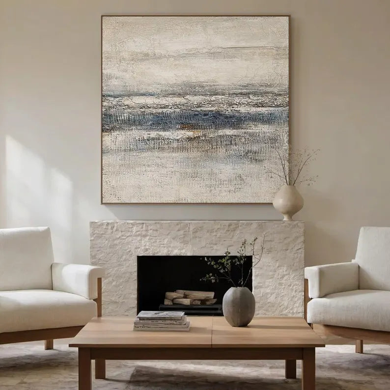 Misty Horizon – Blue Gray Textured Wabi-Sabi Abstract Canvas Art#AB14056