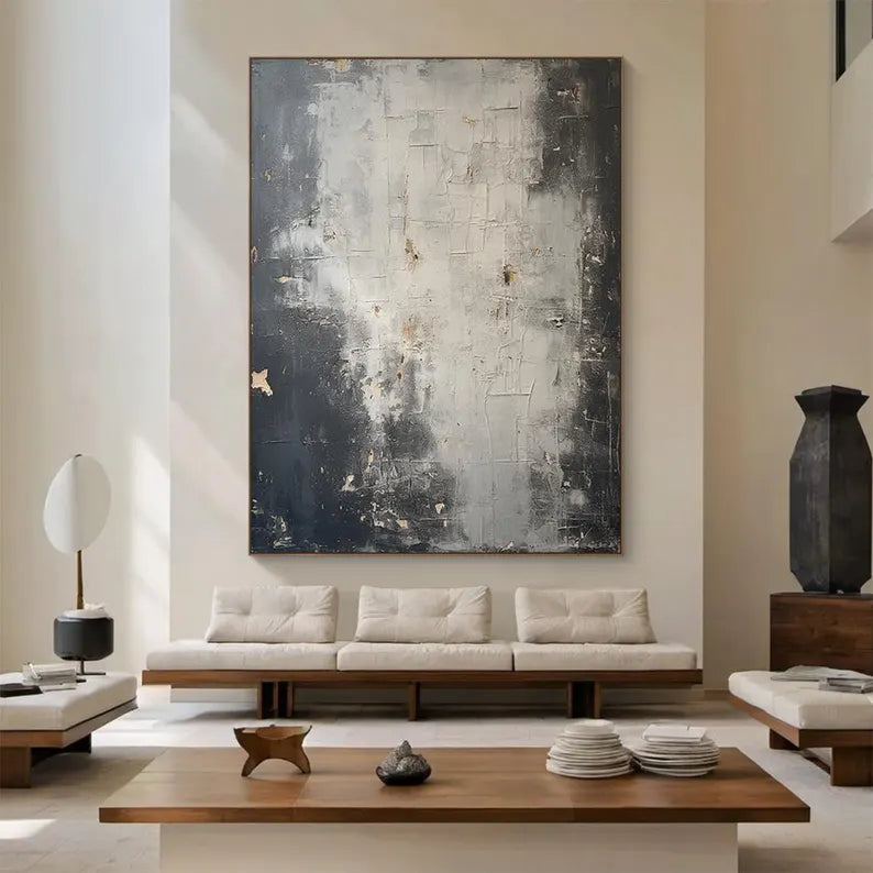 Shadowed Light – Black and White Textured Wabi-Sabi Abstract Art#AB14052